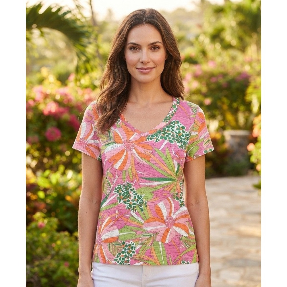 Caribbean Joe V-Neck Tropical Floral Print Top Women's M Pink Short Sleeve Boho